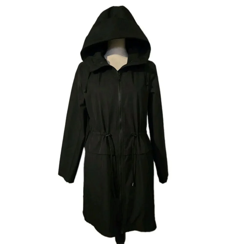 Sam Edelman Women’s Hooded Raincoat Jacket Black Long Sleeve Sz Small - Picture 1 of 9